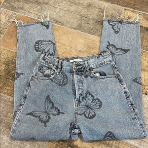PacSun High Rise Straight Light Blue Denim Jeans Butterfly Print Button Fly 26